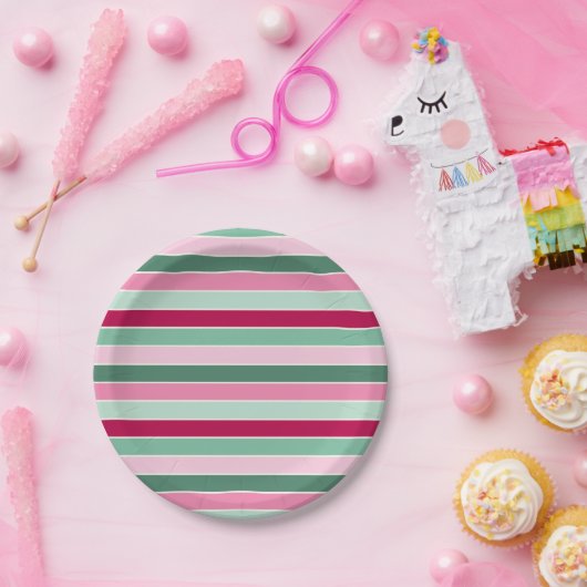 Weich rosa und grüne Streifen Pappteller (Party)
