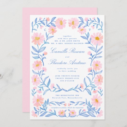 Weich rosa und Pulver Blau Verzierte Wasserfarben Einladung (Vorne/Hinten)