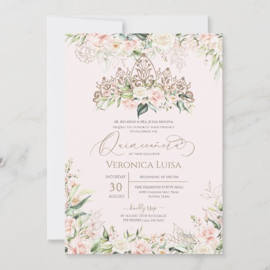 Weich rosa und weiße Rosen Elegant Luxus Quinceane Einladung (Vorderseite)