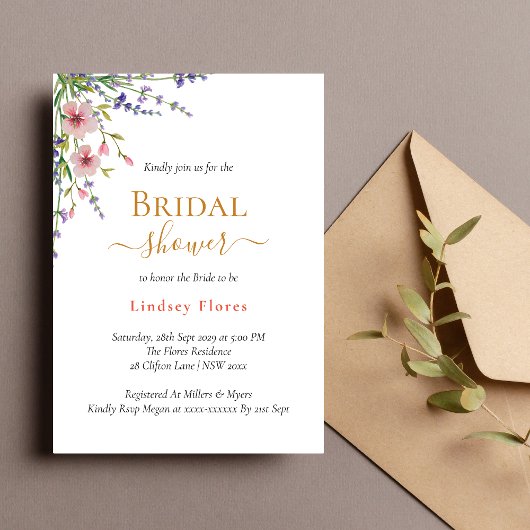 Weich rosa Wilde Blume Grüne Gold Brautparty Einladung