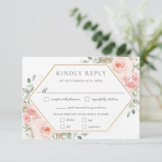 Weich rosafarbene Rosa Blütengrün RSVP Karte (Stehend Vorderseite)