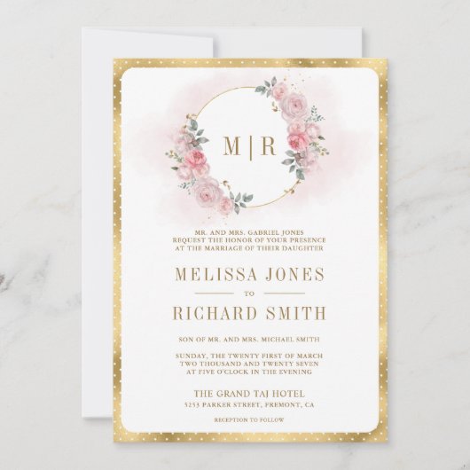 Weich rosafarbenes Rosa Blütengold Alles in einer Einladung (Vorderseite)