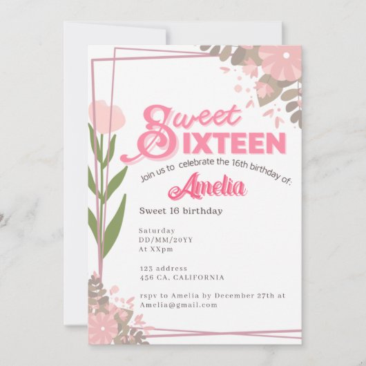Weich Vintage Pink Tulpe Blüte Sweet 16 Einladung (Vorderseite)