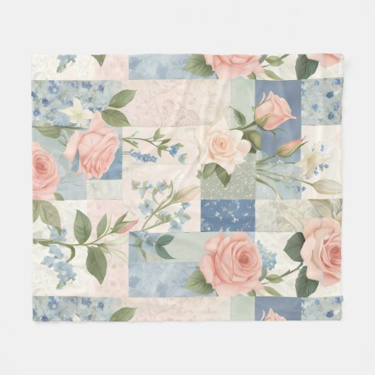 Weich zartes, blumenrosa und blaues Patchwork Fleecedecke (Vorderseite (Horizontal))