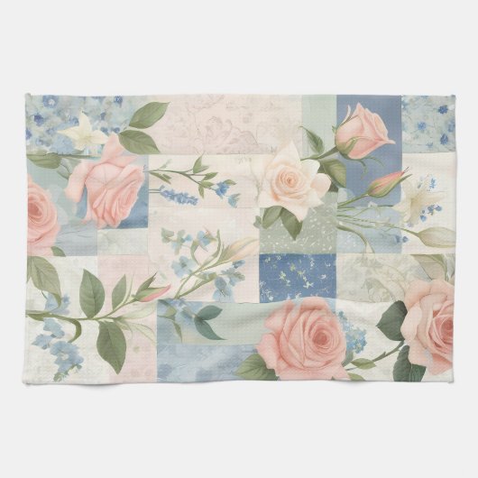 Weich zartes, blumenrosa und blaues Patchwork Geschirrtuch (Horizontal)