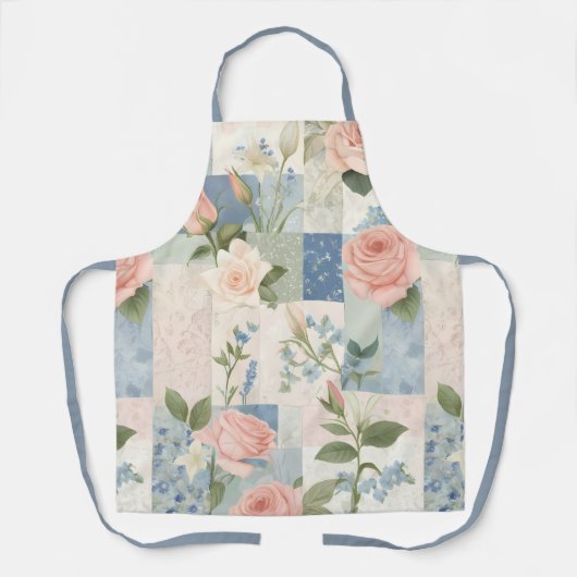 Weich zartes, blumenrosa und blaues Patchwork Schürze (Vorderseite)