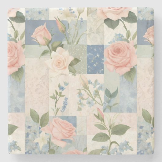 Weich zartes, blumenrosa und blaues Patchwork Steinuntersetzer (Vorderseite)