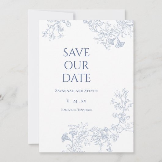 Weiche Blaue Blumige Speichern Sie das Datum Save The Date (Vorderseite)