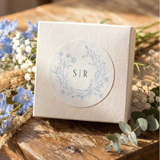 Weiche blaue Boho-Blumenmonogramm-Hochzeit Runder Aufkleber