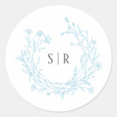 Weiche blaue Boho-Blumenmonogramm-Hochzeit Runder Aufkleber (Vorderseite)