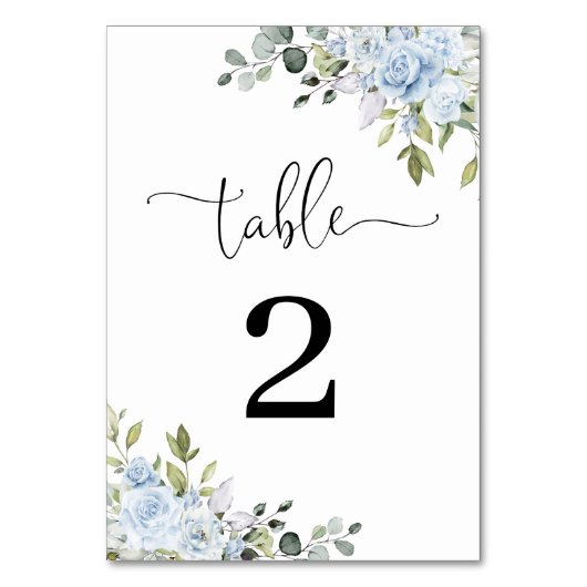 Weiche blaue botanische Hochzeitstischnummern Tischnummer (Vorderseite)