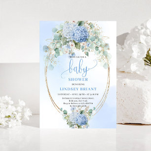 Weiche blaue florale Babyparty-Einladung Gold Einladung