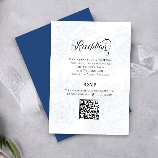 Weiche Blaue Florale Empfangs-RSVP-QR-Code-Karte Begleitkarte