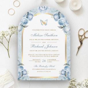 Weiche Blaue Florale Goldene Bogen Schmetterling H Einladung