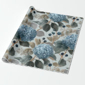 Weiche Blaue Hortensie Graues Blumenmuster Geschenkpapier (Ungerollt)