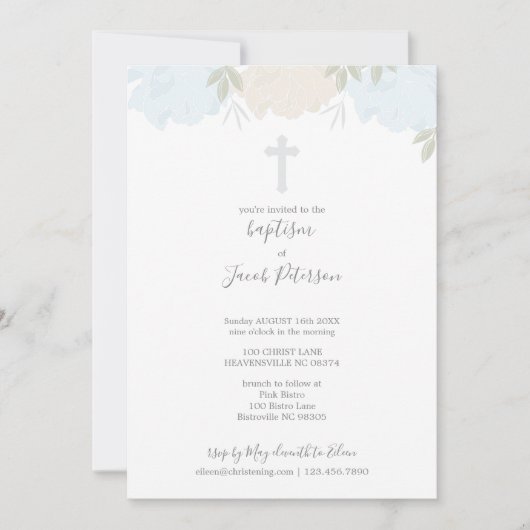 Weiche blaue Pastellpfingstrosen-Querjungen-Taufe Einladung (Vorderseite)
