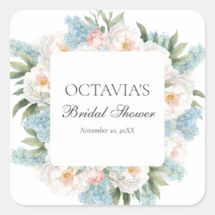 WEICHE BLAUE PINK BLÜHENDE BLUMEN BRIDAL MONOGRAMM QUADRATISCHER AUFKLEBER