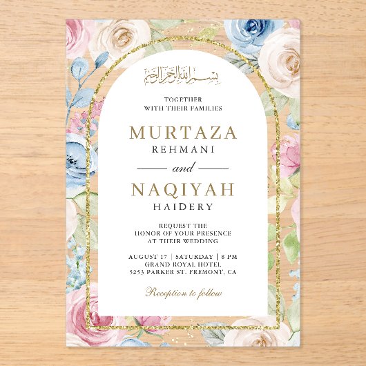 Weiche blumengoldene Hochzeit Acryleinladungen (Vorderseite)