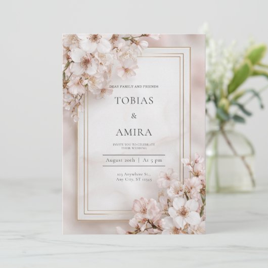 Weiche Blush Cherry Blossom Hochzeit Einladung (Stehend Vorderseite)