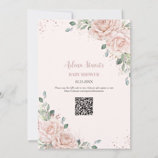 Weiche Blüte Rose Gold Baby Dusche QR Code Einladung (Rückseite)