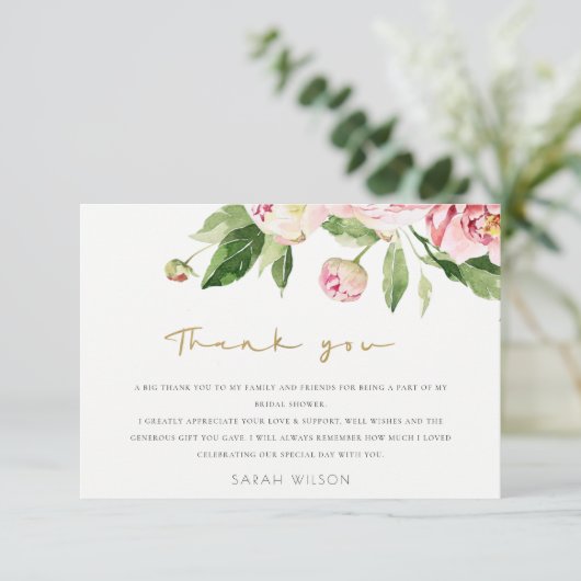 Weiche Blütenpeere Wasserfarbe Brautparty Dankeskarte (Stehend Vorderseite)