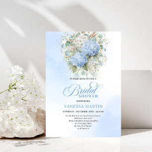 Weiche Boho Blaue Florale Hochzeitsdusche Goldene Einladung