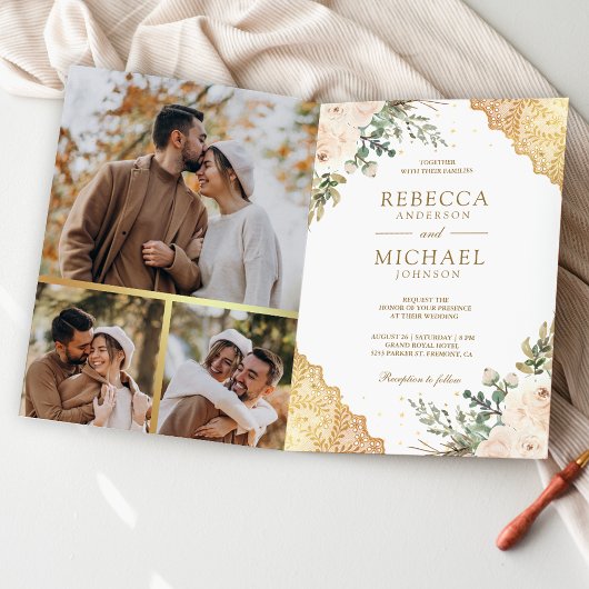 Weiche Creme-Rosen Gold-Spitze QR-Code Hochzeit Einladung