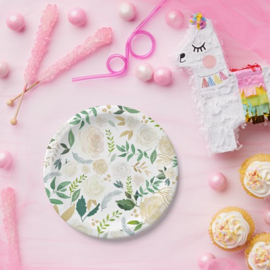 Weiche Elfenbeinflora-Muster mit Grün Weiß Pappteller (Party)