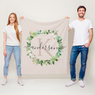 WEICHE ERRÖTEN ROSA KRANZ-LAUB-AQUARELL-MONOGRAMM FLEECEDECKE