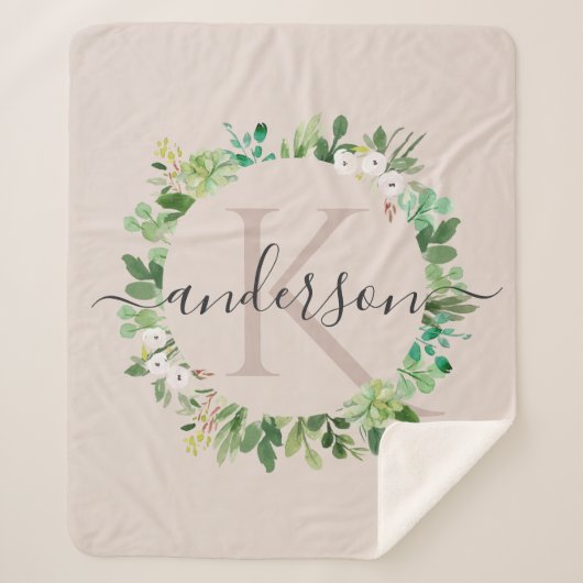 WEICHE ERRÖTEN ROSA KRANZ-LAUB-AQUARELL-MONOGRAMM SHERPADECKE (Vorderseite)