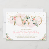 Weiche erröten Rosa und Goldblumen2. Geburtstag Einladung (Vorderseite)
