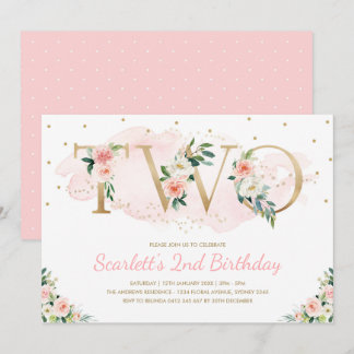 Weiche erröten Rosa und Goldblumen2. Geburtstag Einladung