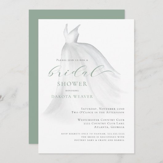 Weiche Farbe Grünes Hochzeitskleid Brautparty Einladung (Vorne/Hinten)