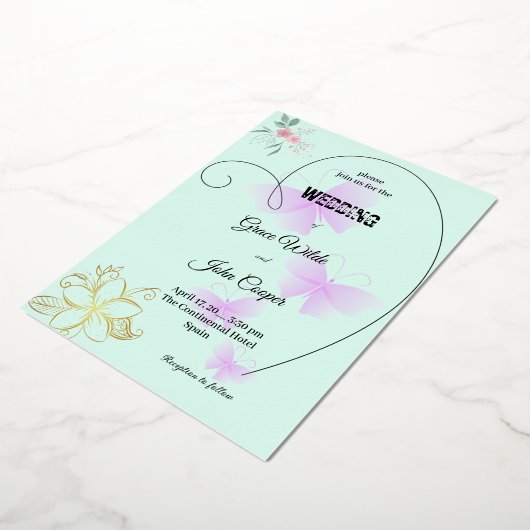 Weiche Farbe mit Blumen- und Schmetterlingsdesign Folieneinladung (Gedreht)