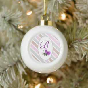 Weiche Farbtöne Mit Monogramm, rosafarbener Streif Keramik Kugel-Ornament