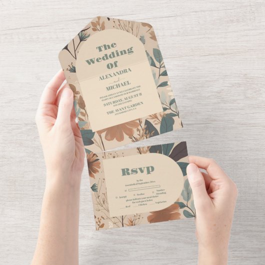 Weiche gedämpfte Erdtöne Wildblumen Hochzeit All In One Einladung (Abreißen)