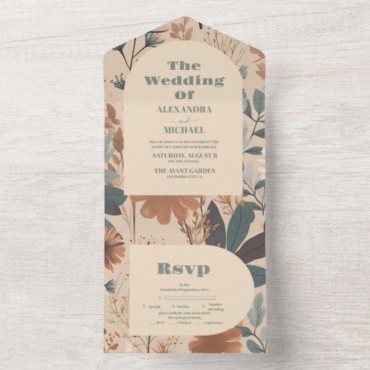 Weiche gedämpfte Erdtöne Wildblumen Hochzeit All In One Einladung (Innen Boden)