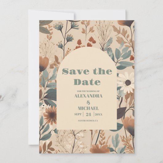 Weiche gedämpfte Erdtöne Wildblumen Hochzeit Save The Date (Vorderseite)