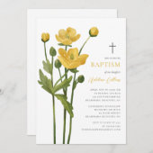 Weiche gelbe Blume blüht Elegant-Script-Taufe Einladung (Vorne/Hinten)