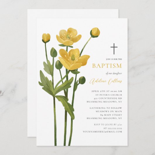 Weiche gelbe Blume blüht Elegant-Script-Taufe Einladung (Vorne/Hinten)