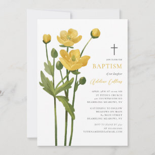 Weiche gelbe Blume blüht Elegant-Script-Taufe Einladung
