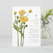 Weiche gelbe Blumen Elegante Script-Taufe Einladung (Stehend Vorderseite)