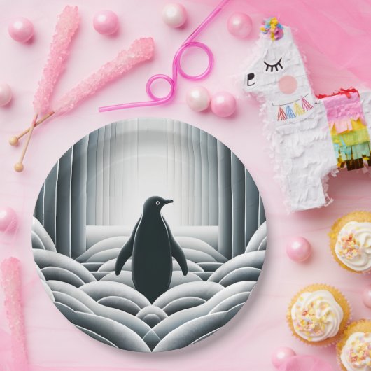 Weiche graue Pinguinarme im Art Déco Pappteller (Party)