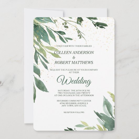 Weiche grüne Blätter Gold Confetti Moderne Hochzei Einladung (Vorderseite)