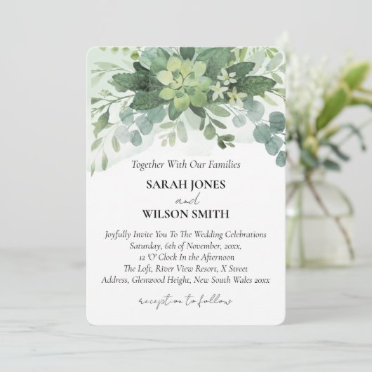 Weiche grüne Sukkulente Hochzeit florale botanisch Einladung (Stehend Vorderseite)