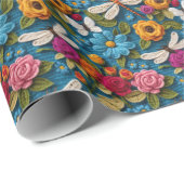 Weiche Häkeloptik Blumen und Libellen Geschenkpapier (Rolleneckpunkt)