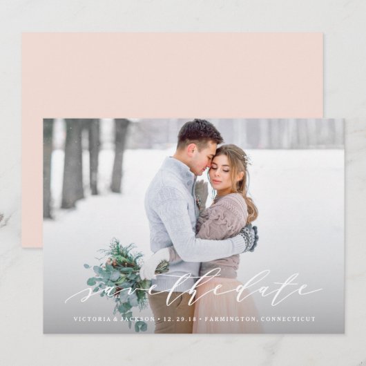 Weiche Kalligraphie Save the Date Foto Ankündigung (Vorne/Hinten)