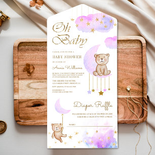 Weiche Lavendel-Mond Süßer Teddybär-Baby-Party All In One Einladung