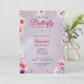 Weiche Lila Blumenschmetterlinge Girl 1. Geburtsta Einladung (Stehend Vorderseite)