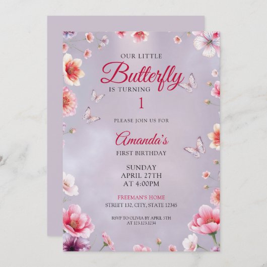 Weiche Lila Blumenschmetterlinge Girl 1. Geburtsta Einladung (Vorne/Hinten)